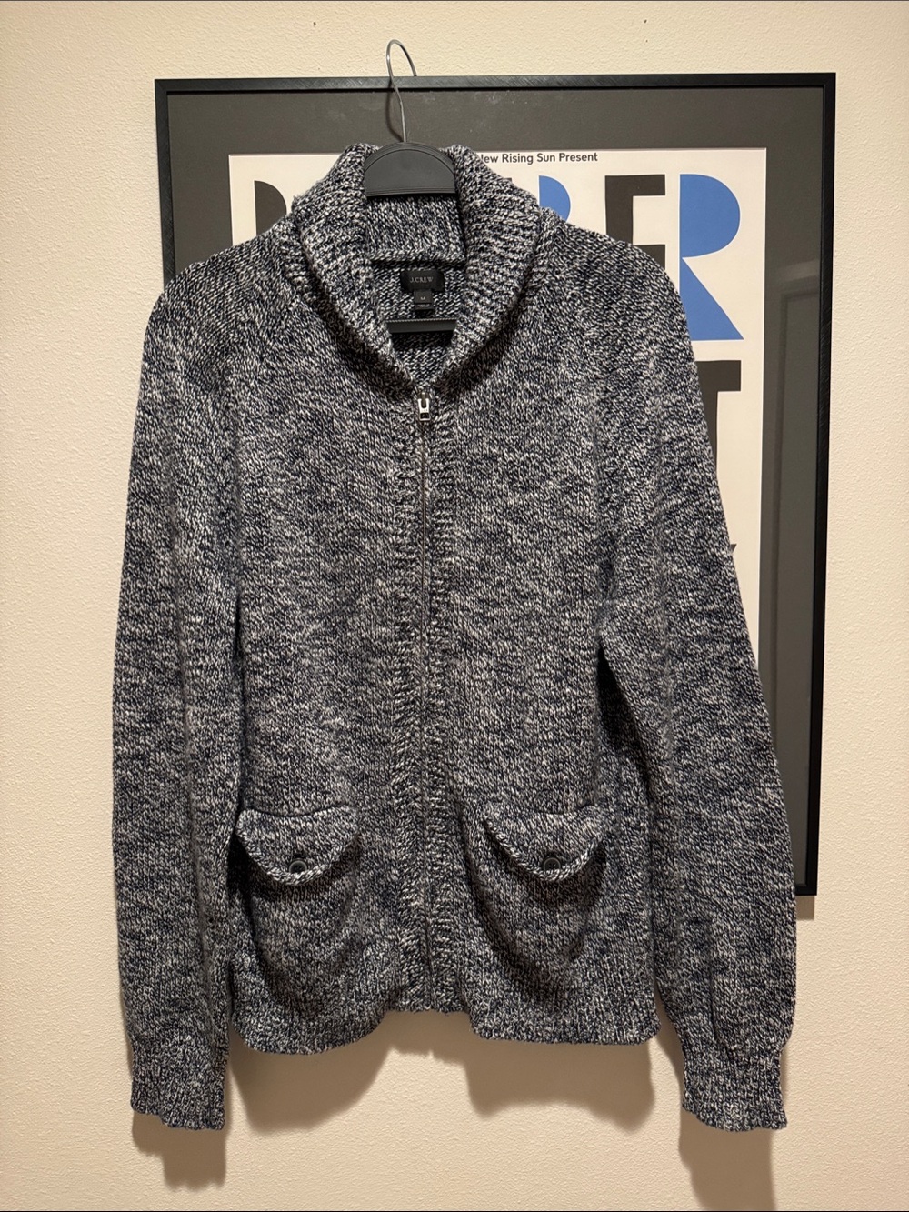 J. Crew Men's Navy and Gray Marled Zip-Up Shawl Collar Sweater